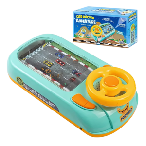 Simulador de conducción infantil verde y amarillo con volante interactivo, pista de carreras en movimiento y su caja de empaque azul.